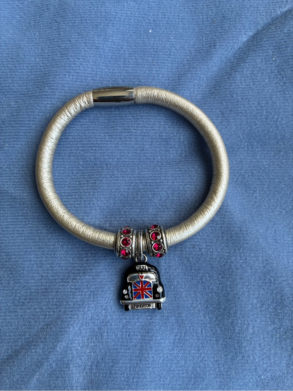 Brighton Silver-Tone Leather Bracelet wRed Crystal Spacers and London Taxi Charm